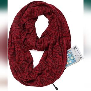Infinity Scarf with Zipper Pocket for Women & Men. Color: WineRed/Black